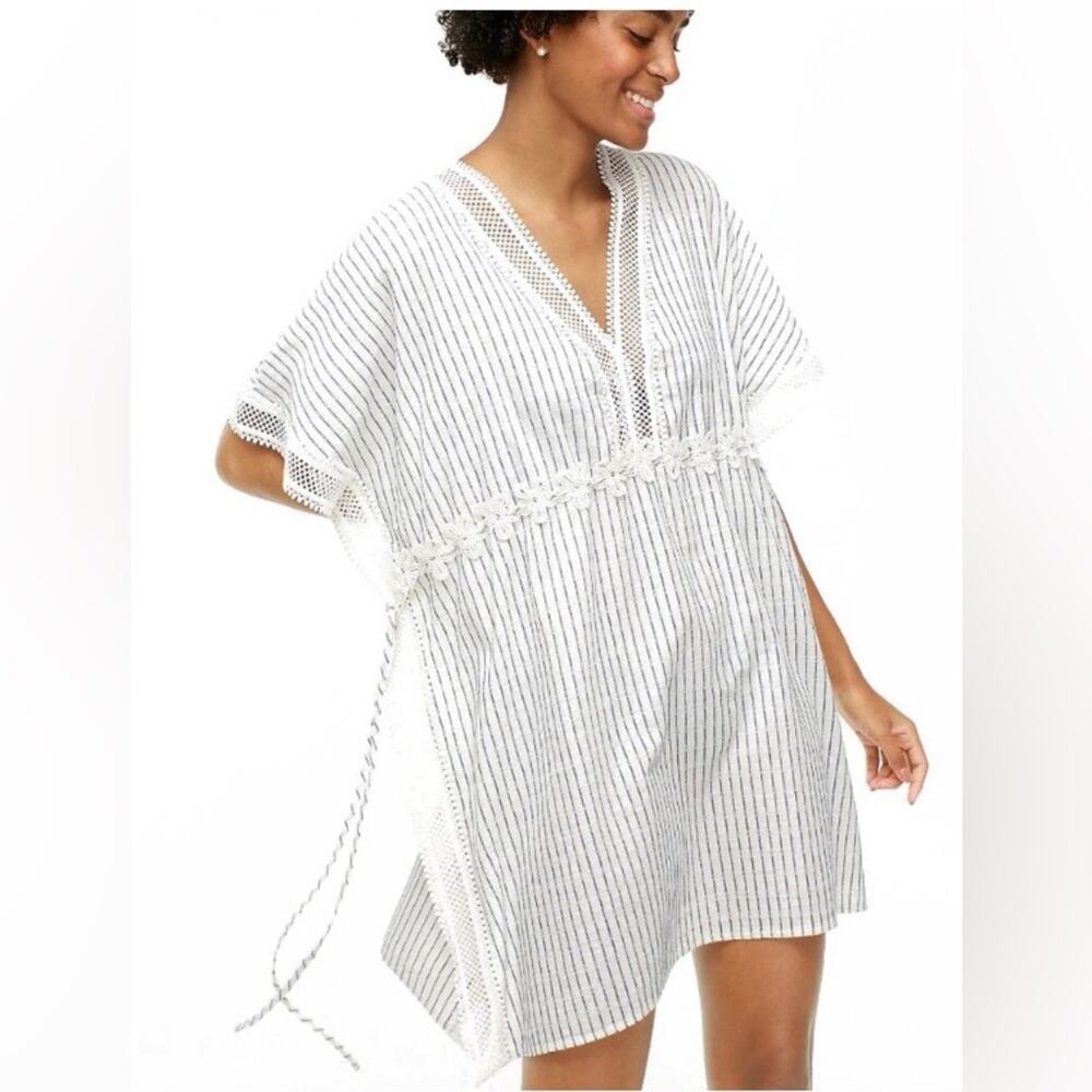 J crew beach cotton v neck tunic swim coverup blue lace stripe womens xs/s